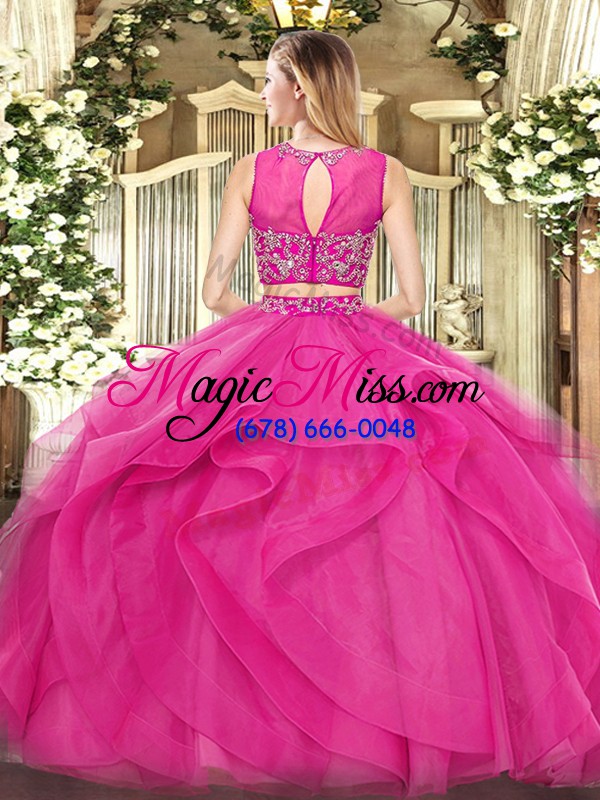 wholesale scoop sleeveless quince ball gowns floor length beading and ruffles fuchsia tulle