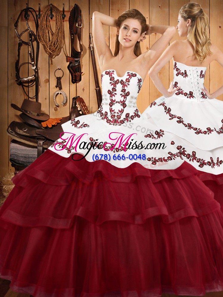 wholesale beautiful burgundy sleeveless with train embroidery and ruffled layers lace up ball gown prom dress