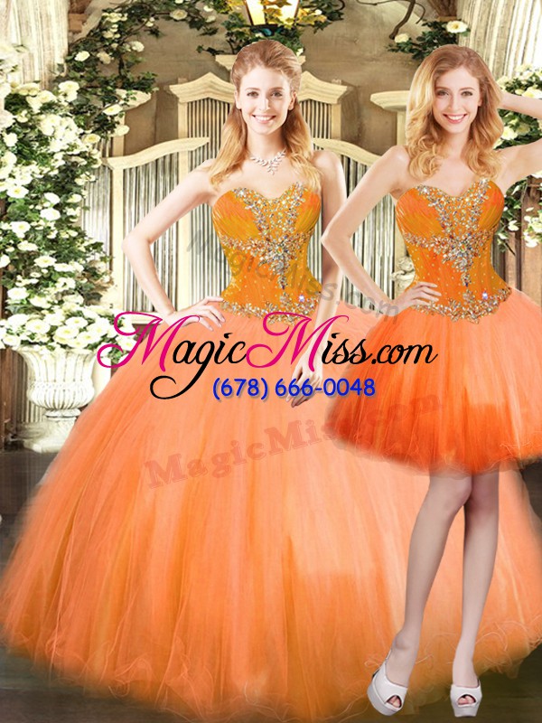 wholesale sleeveless floor length beading lace up quinceanera dresses with orange red