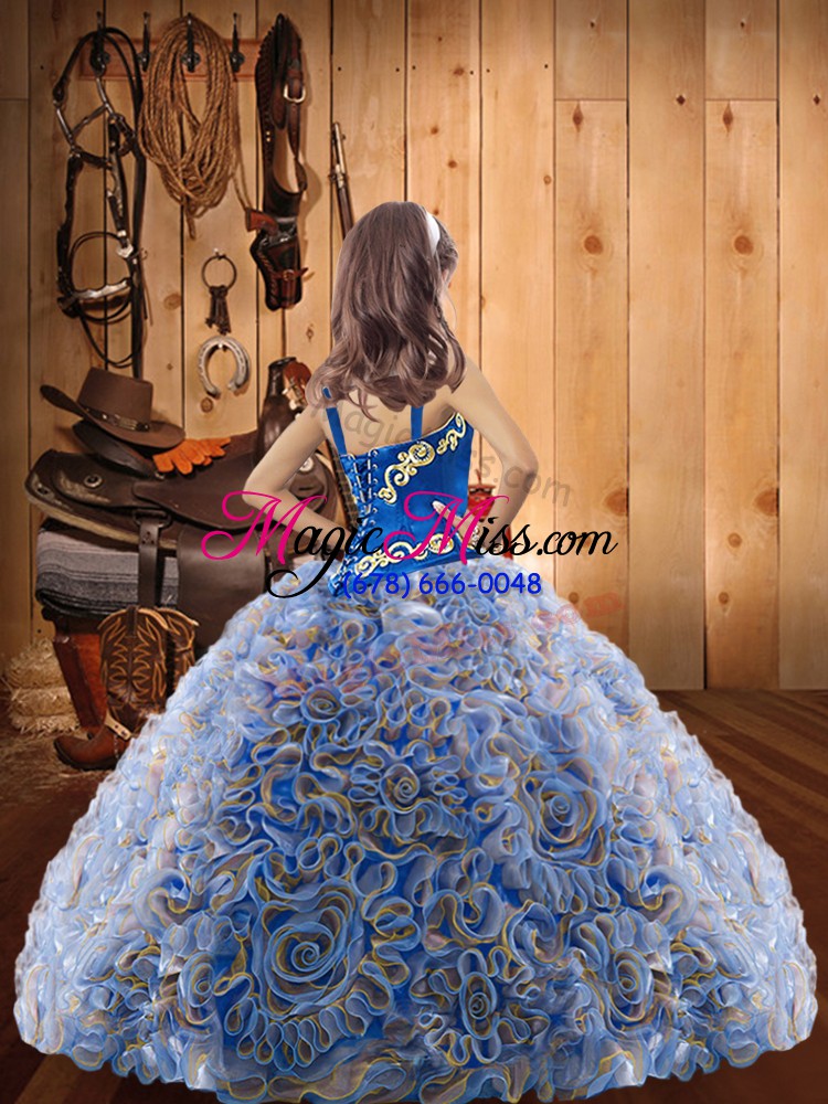 wholesale multi-color straps neckline embroidery and ruffles pageant dress for teens with headpieces sleeveless lace up