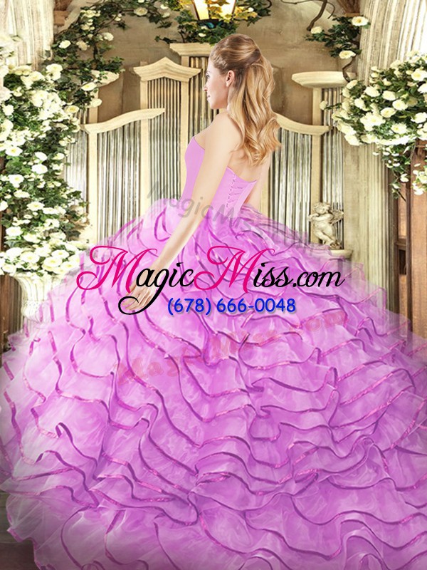 wholesale glamorous sleeveless organza brush train lace up 15th birthday dress in lilac with beading and ruffled layers