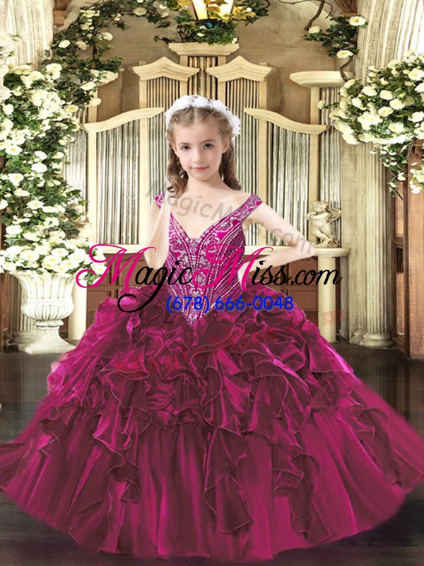 wholesale graceful fuchsia little girls pageant gowns party and quinceanera with beading and ruffles v-neck sleeveless lace up