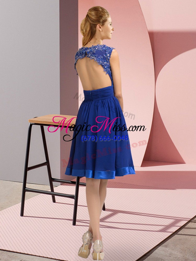wholesale cheap sleeveless chiffon knee length backless dress for prom in royal blue with appliques