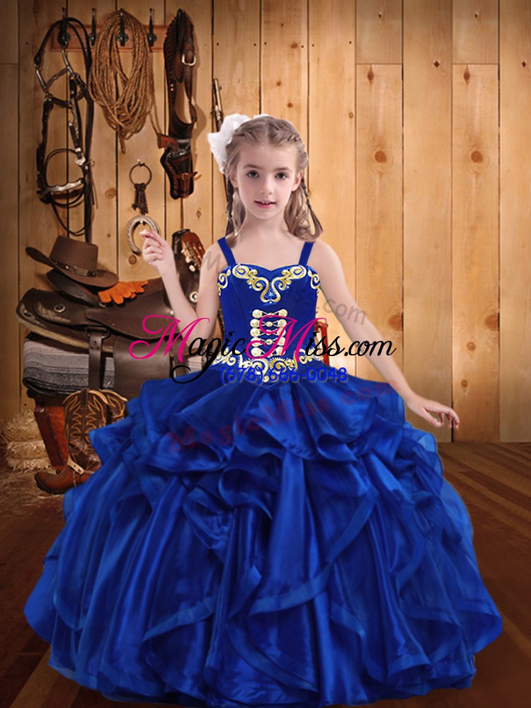 wholesale royal blue sleeveless embroidery and ruffles floor length child pageant dress