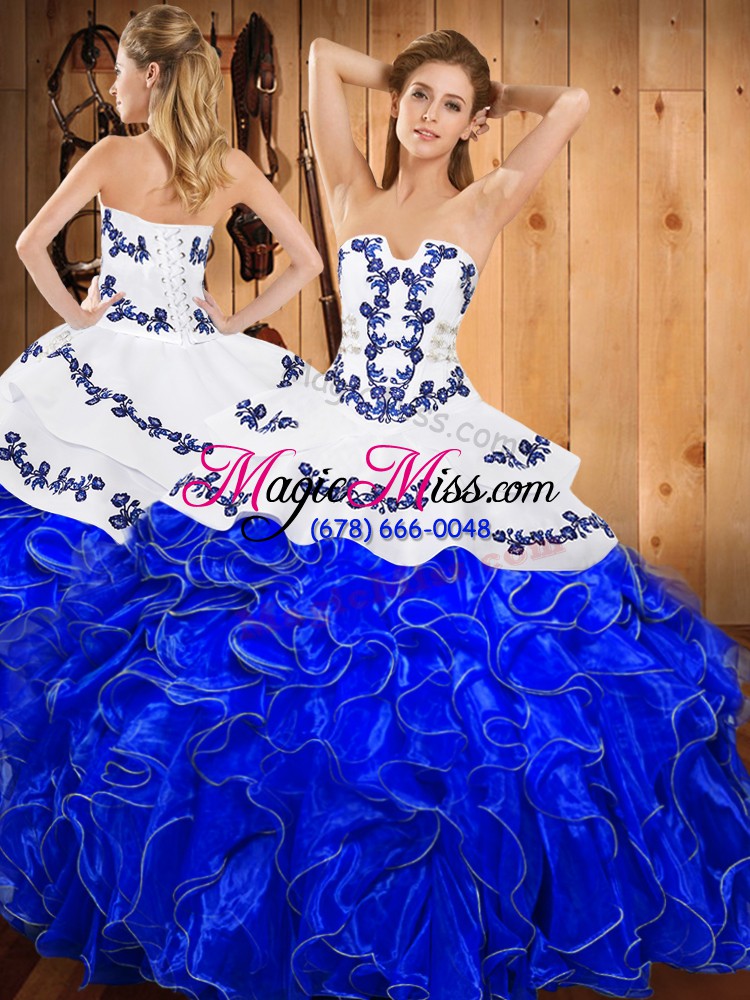 wholesale free and easy embroidery and ruffles ball gown prom dress blue and white lace up sleeveless floor length