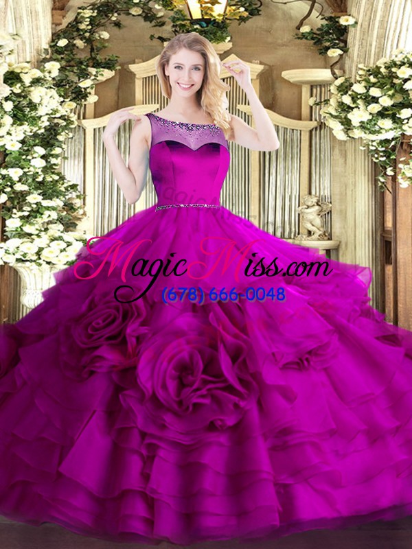 wholesale beautiful fuchsia organza zipper ball gown prom dress sleeveless floor length beading and ruffled layers