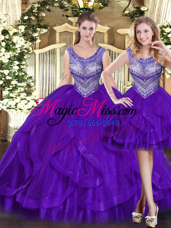 wholesale edgy floor length purple vestidos de quinceanera tulle sleeveless beading and ruffles