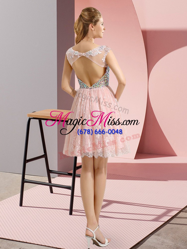 wholesale champagne empire lace scoop cap sleeves beading mini length backless evening dress