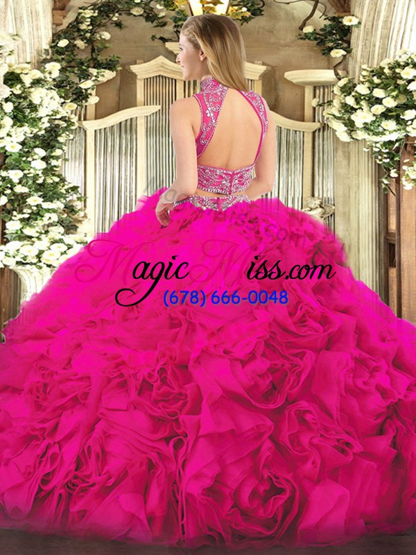 wholesale amazing two pieces vestidos de quinceanera hot pink high-neck tulle sleeveless floor length backless