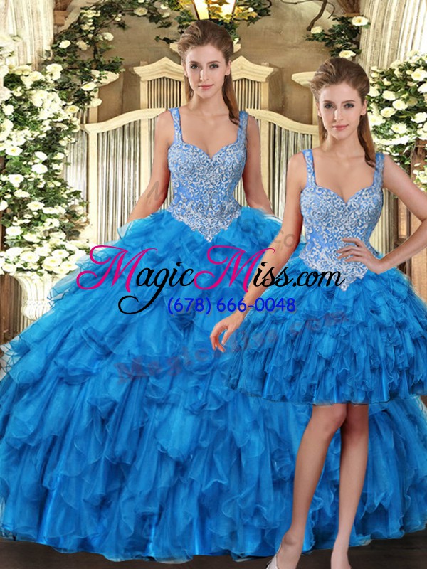 wholesale popular teal tulle lace up sweet 16 dresses sleeveless floor length beading and ruffles