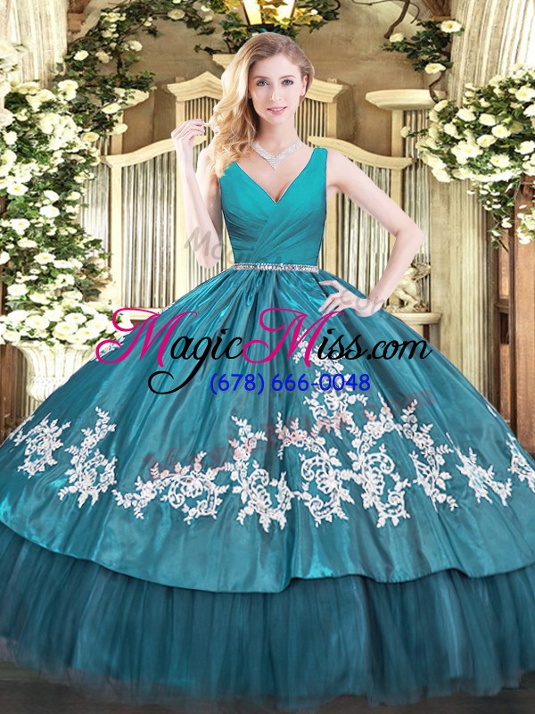wholesale romantic beading and appliques quinceanera dresses teal zipper sleeveless floor length