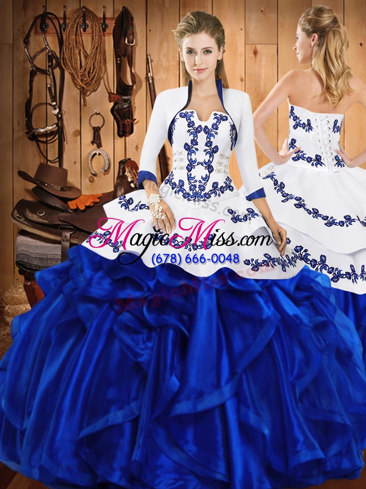 wholesale blue vestidos de quinceanera military ball and sweet 16 and quinceanera with embroidery and ruffles strapless sleeveless lace up