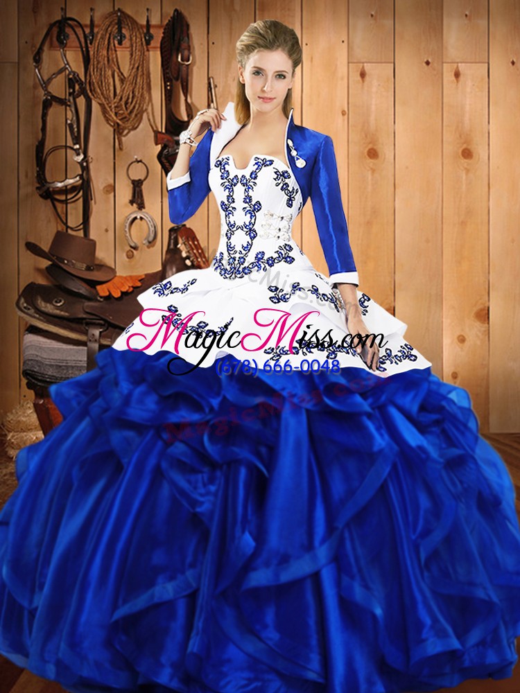 wholesale blue vestidos de quinceanera military ball and sweet 16 and quinceanera with embroidery and ruffles strapless sleeveless lace up