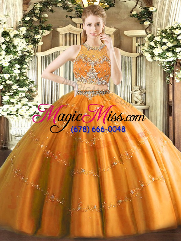 wholesale orange two pieces tulle scoop sleeveless beading floor length zipper 15th birthday dress