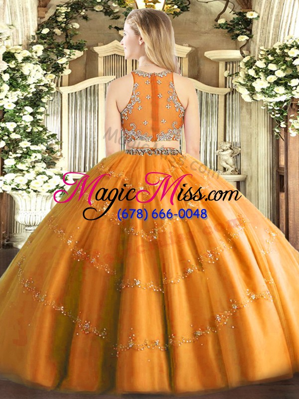 wholesale orange two pieces tulle scoop sleeveless beading floor length zipper 15th birthday dress