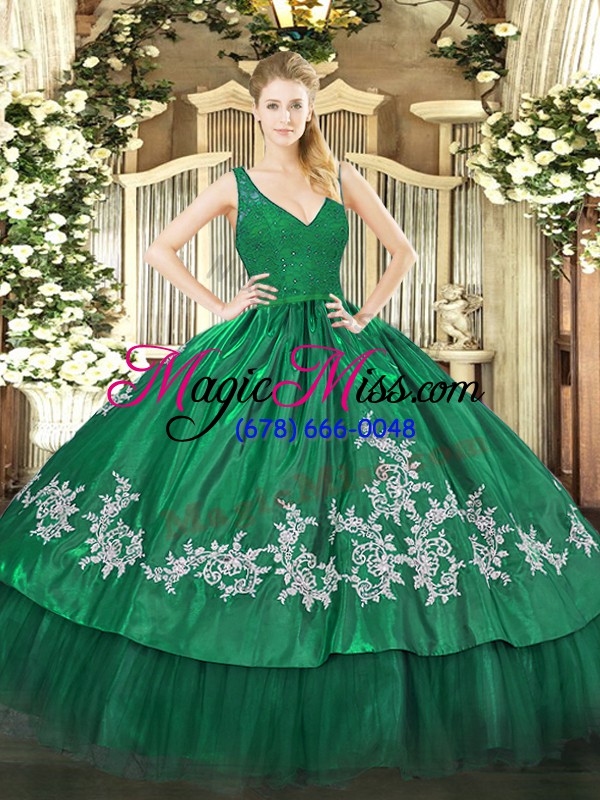 wholesale dark green taffeta backless sweet 16 dresses sleeveless floor length beading and lace and appliques