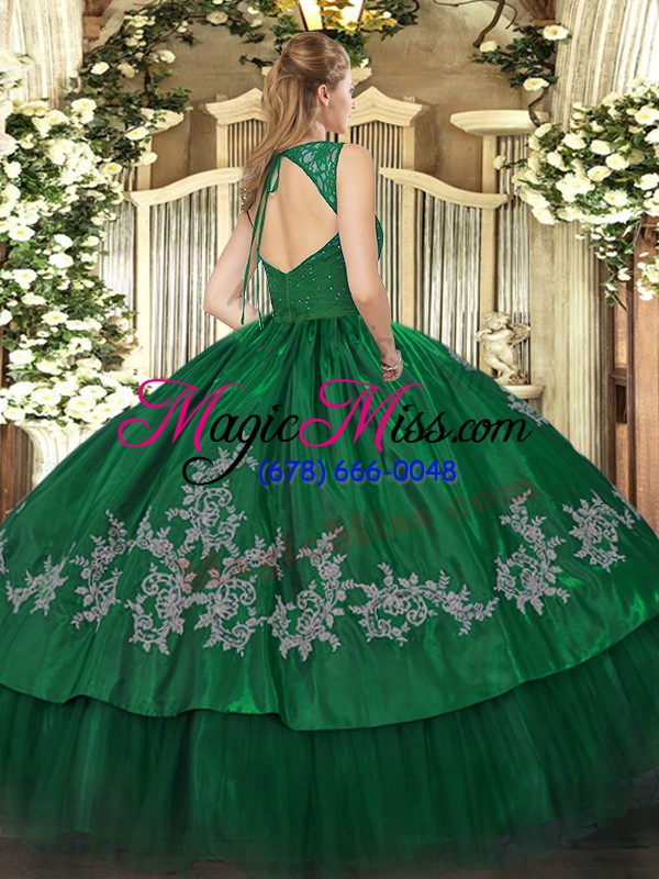 wholesale dark green taffeta backless sweet 16 dresses sleeveless floor length beading and lace and appliques