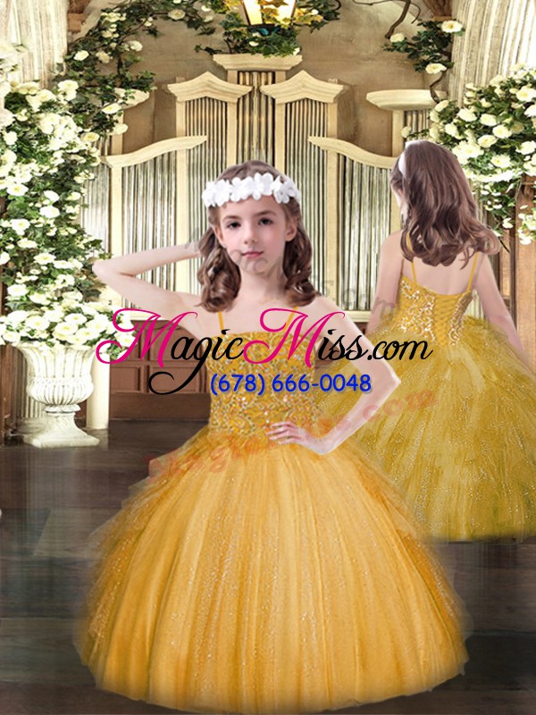 wholesale stunning gold sleeveless floor length beading and ruffles lace up 15th birthday dress