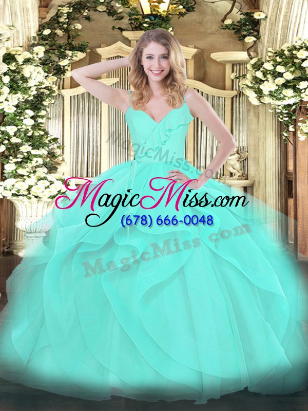 wholesale flare aqua blue sweet 16 dress military ball and sweet 16 and quinceanera with ruffles spaghetti straps sleeveless zipper