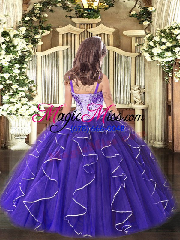 wholesale purple ball gowns organza straps sleeveless beading and ruffles floor length lace up custom made pageant dress