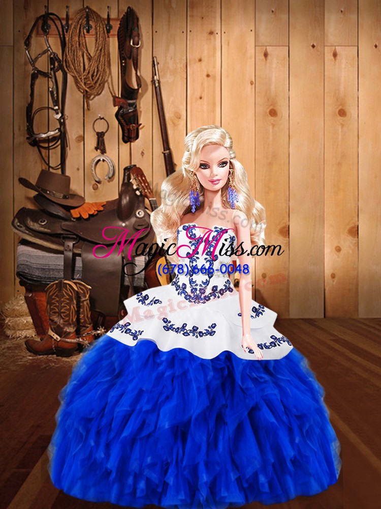 wholesale floor length royal blue vestidos de quinceanera lace sleeveless embroidery and ruffles