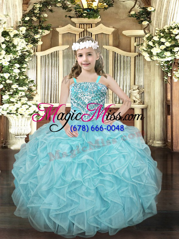 wholesale light blue straps lace up beading and ruffles kids formal wear sleeveless