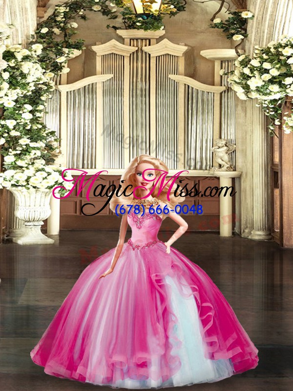 wholesale spectacular hot pink organza lace up sweetheart sleeveless floor length sweet 16 dress beading and ruffles