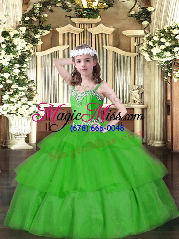wholesale fashion green ball gowns organza straps sleeveless beading and ruffled layers floor length lace up pageant dress toddler