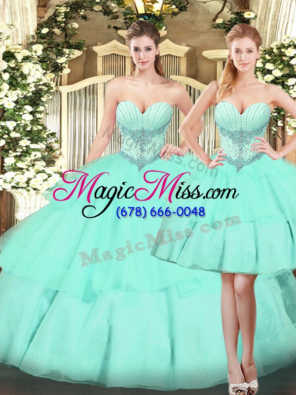 wholesale modest apple green sleeveless beading and ruffled layers floor length sweet 16 quinceanera dress