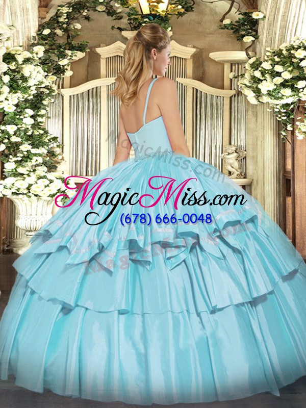 wholesale smart aqua blue sleeveless floor length beading and ruffled layers zipper quinceanera gown