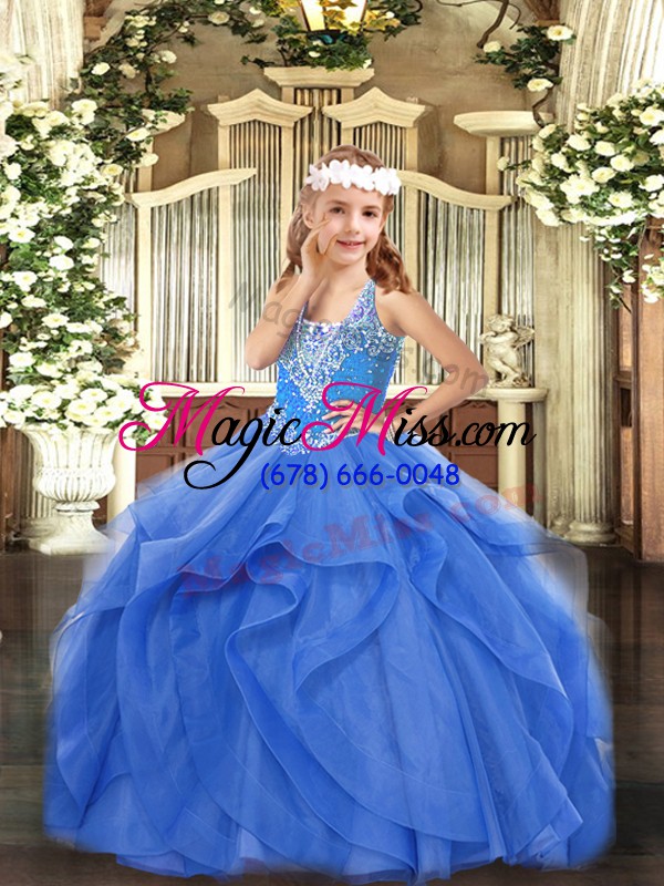 wholesale low price blue sleeveless tulle lace up custom made pageant dress for party and quinceanera