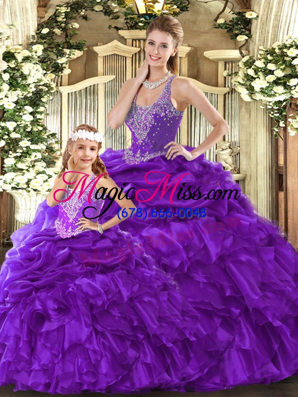 wholesale floor length lace up sweet 16 dress purple for military ball and sweet 16 and quinceanera with beading and ruffles