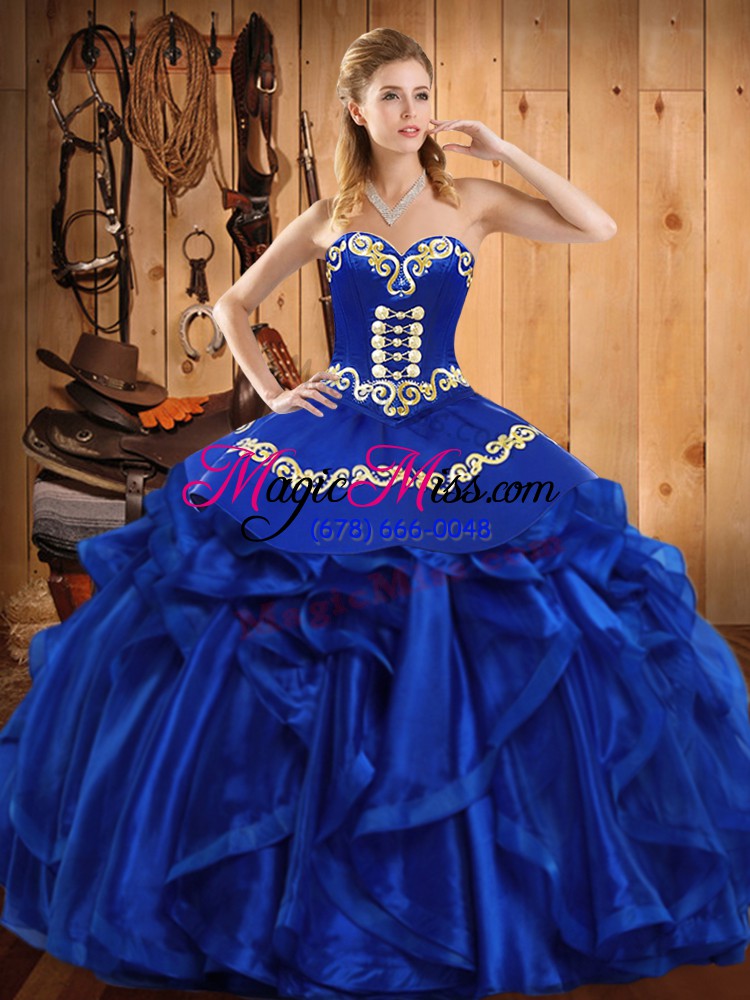 wholesale sumptuous royal blue sleeveless satin and organza lace up 15th birthday dress for military ball and sweet 16 and quinceanera