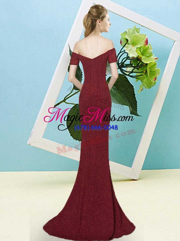 wholesale attractive burgundy prom dresses prom and party with sequins off the shoulder short sleeves sweep train zipper