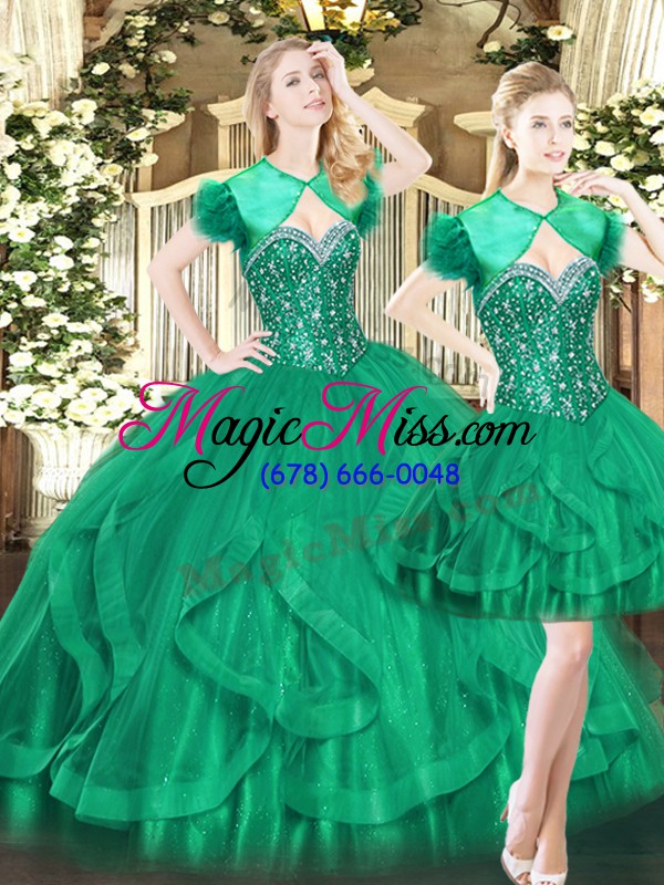 wholesale custom design dark green ball gowns sweetheart sleeveless tulle floor length lace up beading and ruffles 15th birthday dress