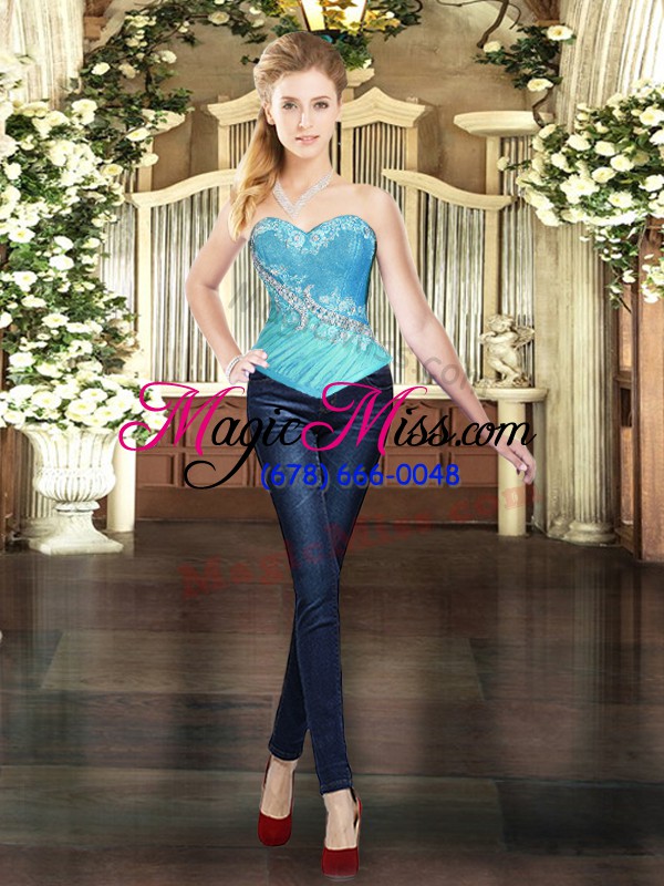 wholesale dynamic floor length aqua blue quinceanera dresses tulle sleeveless beading and ruffles
