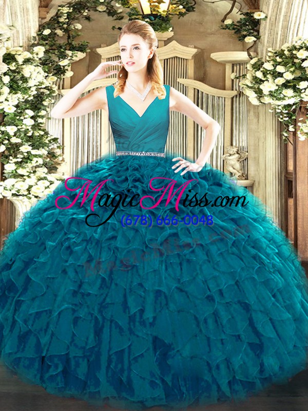 wholesale teal v-neck zipper beading and ruffles ball gown prom dress sleeveless