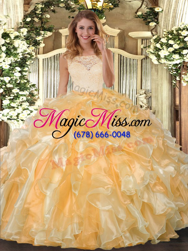 wholesale smart gold clasp handle 15th birthday dress lace and ruffles sleeveless floor length