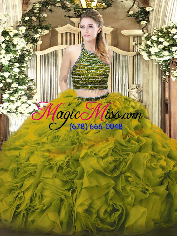 wholesale sleeveless tulle floor length zipper 15th birthday dress in olive green with beading and ruffles