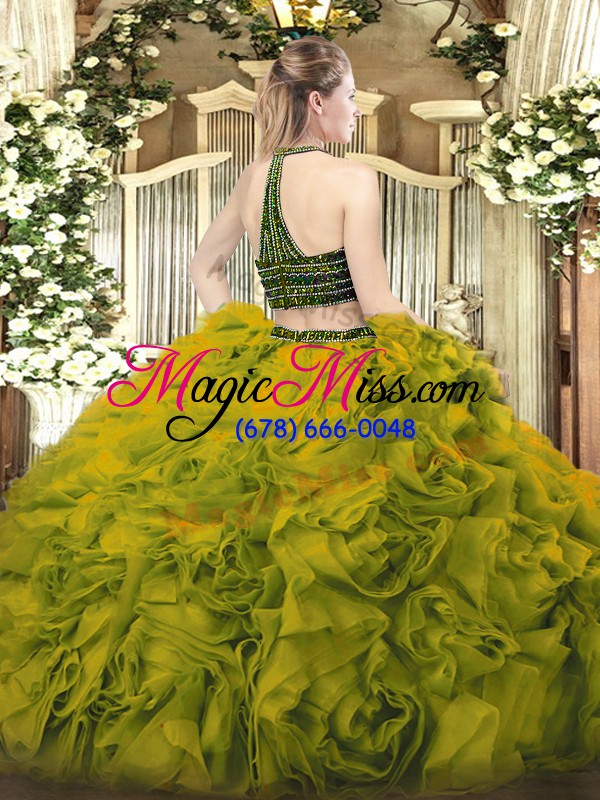 wholesale sleeveless tulle floor length zipper 15th birthday dress in olive green with beading and ruffles