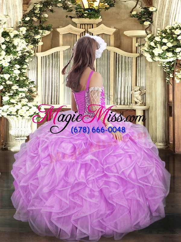 wholesale rose pink ball gowns beading and ruffles pageant dress for girls lace up organza sleeveless floor length