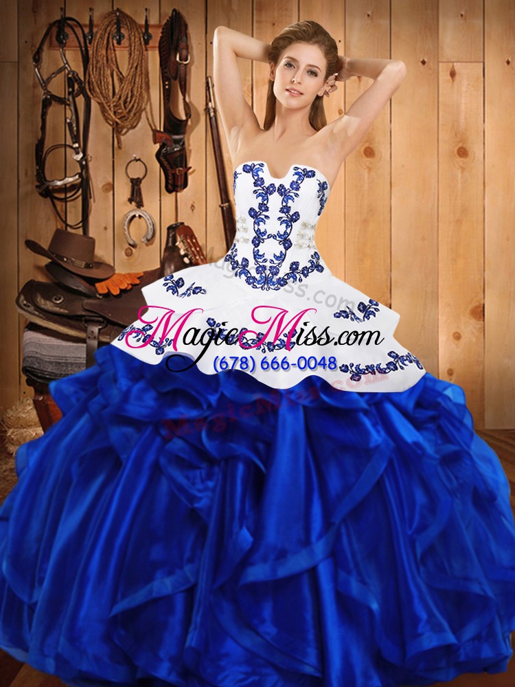 wholesale sophisticated satin and organza sleeveless floor length sweet 16 dress and embroidery and ruffles