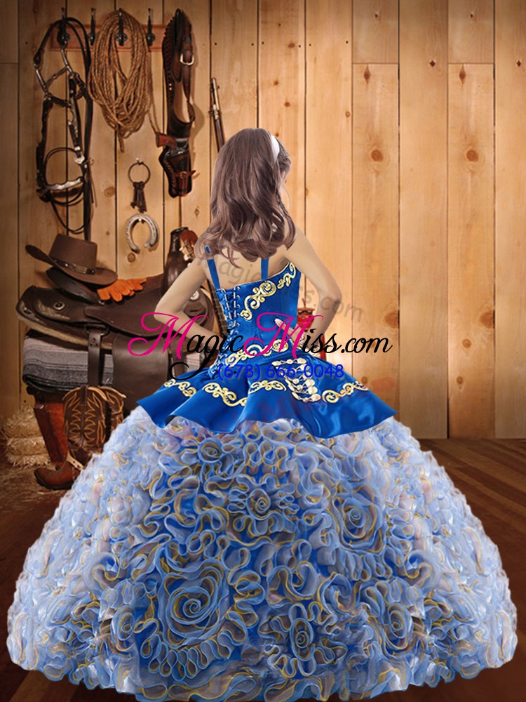 wholesale multi-color ball gowns fabric with rolling flowers straps sleeveless embroidery and ruffles floor length lace up little girls pageant gowns
