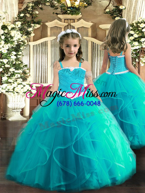 wholesale glamorous aqua blue ball gowns tulle sweetheart sleeveless ruffles floor length lace up quinceanera dresses