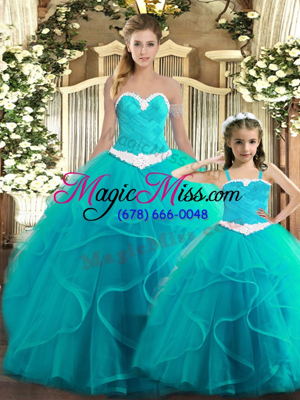 wholesale glamorous aqua blue ball gowns tulle sweetheart sleeveless ruffles floor length lace up quinceanera dresses