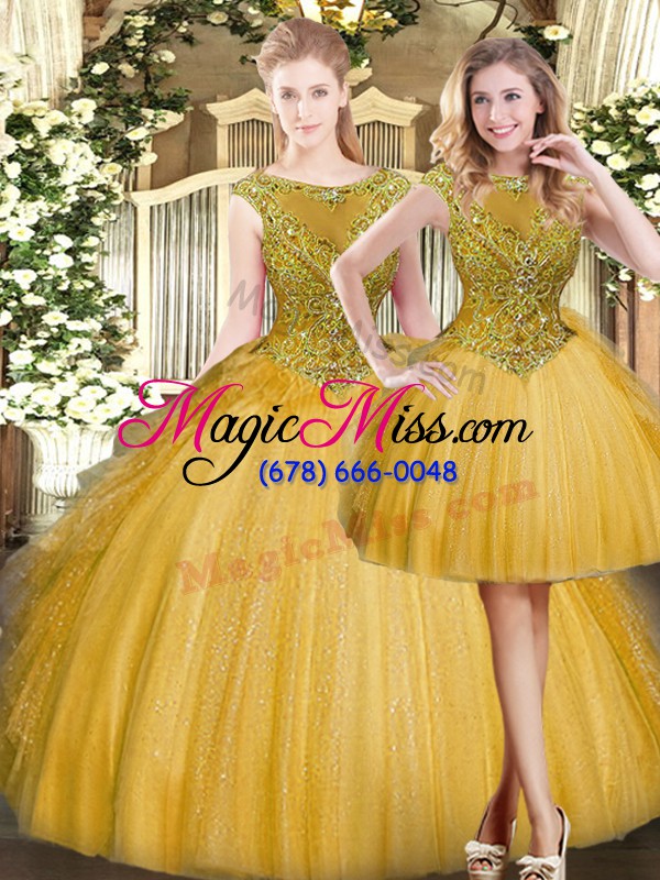 wholesale scoop sleeveless zipper quinceanera gowns gold tulle