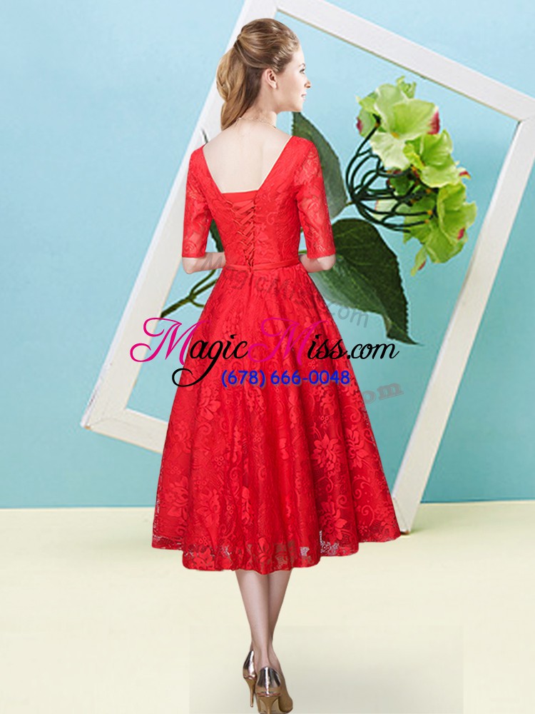 wholesale lace half sleeves tea length bridesmaid dress and bowknot