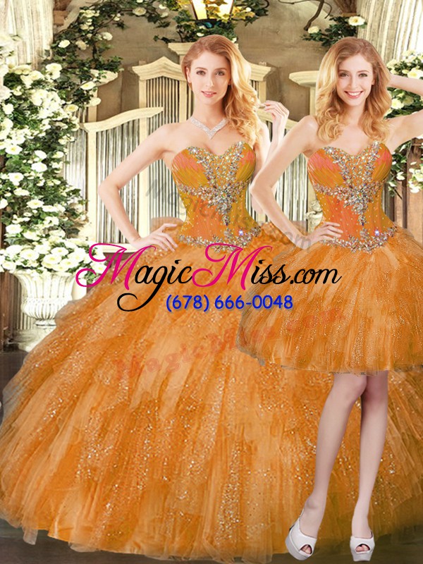 wholesale most popular sweetheart sleeveless 15 quinceanera dress floor length beading and ruffles orange red organza