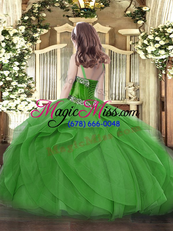 wholesale green girls pageant dresses military ball and sweet 16 and quinceanera with beading and ruffles straps sleeveless lace up