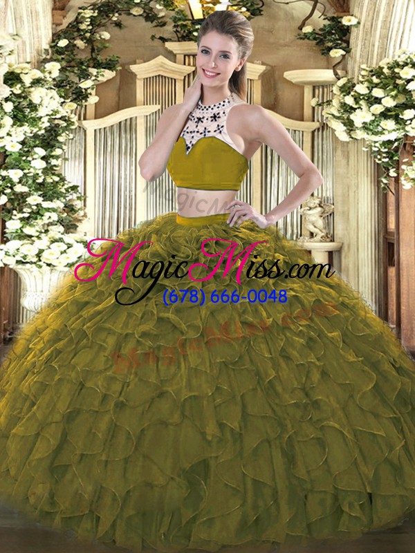 wholesale tulle high-neck sleeveless backless beading and ruffles quinceanera dresses in olive green